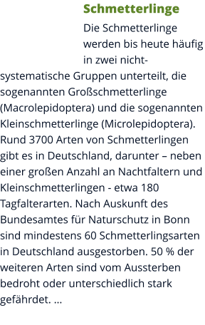 Schmetterlinge Die Schmetterlinge werden bis heute häufig in zwei nicht-systematische Gruppen unterteilt, die sogenannten Großschmetterlinge (Macrolepidoptera) und die sogenannten Kleinschmetterlinge (Microlepidoptera). Rund 3700 Arten von Schmetterlingen gibt es in Deutschland, darunter – neben einer großen Anzahl an Nachtfaltern und Kleinschmetterlingen - etwa 180 Tagfalterarten. Nach Auskunft des Bundesamtes für Naturschutz in Bonn sind mindestens 60 Schmetterlingsarten in Deutschland ausgestorben. 50 % der weiteren Arten sind vom Aussterben bedroht oder unterschiedlich stark gefährdet. …